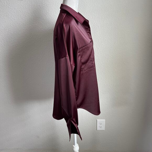 Nasty Gal Dark Red Oversized Button Down Shirt Women's 4 Shimmer Long Sleeves - Picture 5 of 7